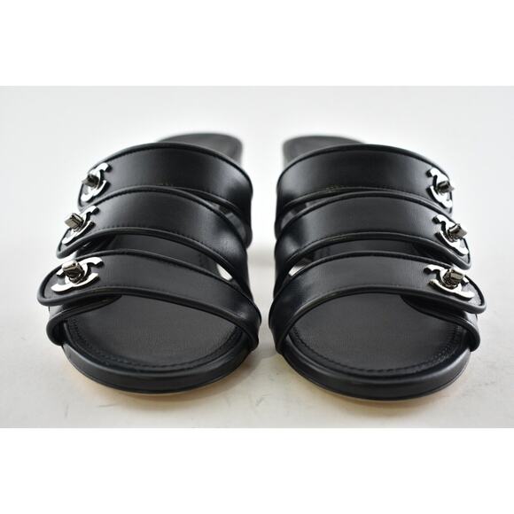 Chanel 19P Black Leather Turnlock CC Logo Mule Strap Slide Block Heel Sandal 36 - Picture 7 of 12